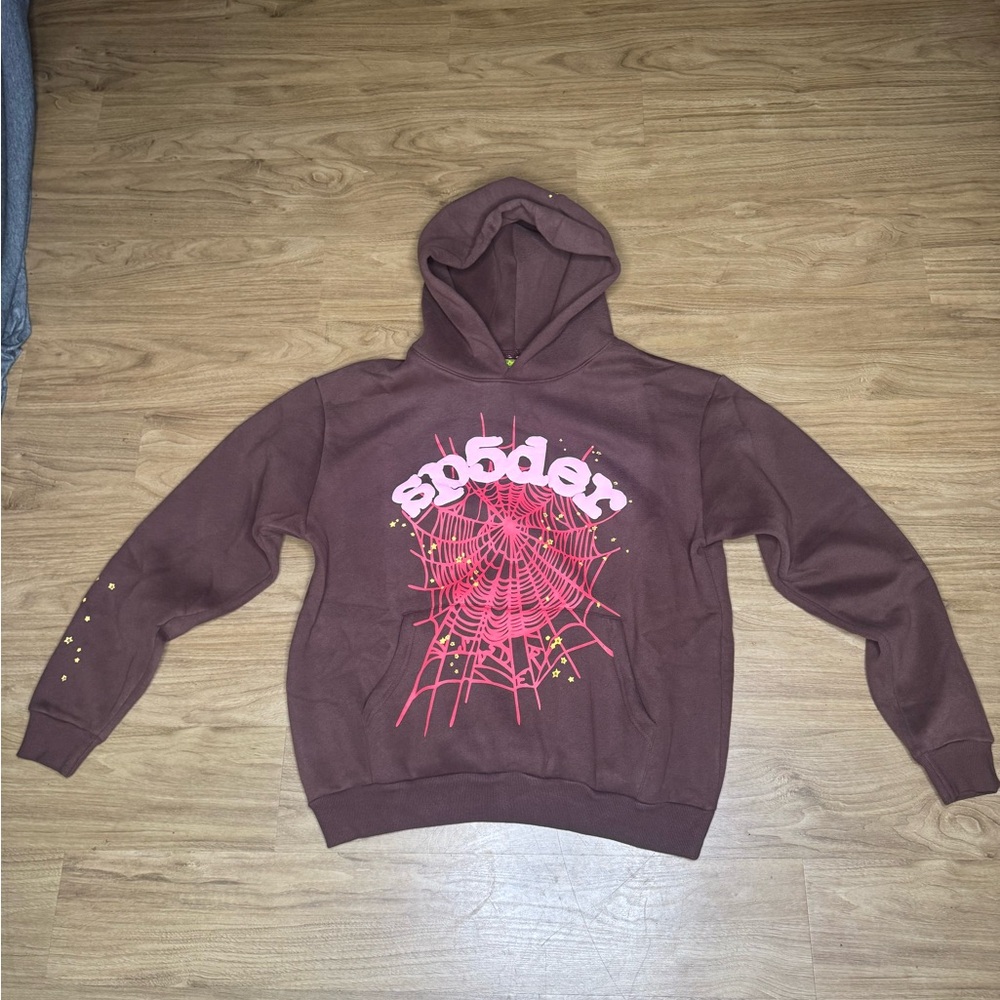 Men's Brown Crewneck Hoodie with Pink Web Graphic